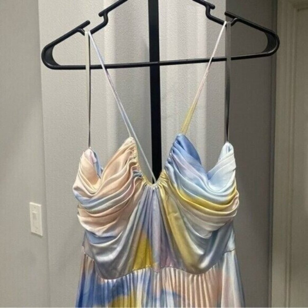 ML Monique Lhuillier Satin Satin Charmeuse Pleated Gown Maxi Dress Size 10 Flaw - Picture 3 of 14